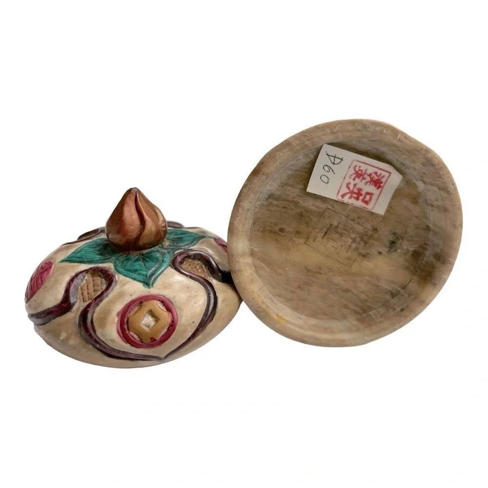 Vintage Chinese Dragon Stone Trinket Box Hand Painted Lidded Jewelry Container